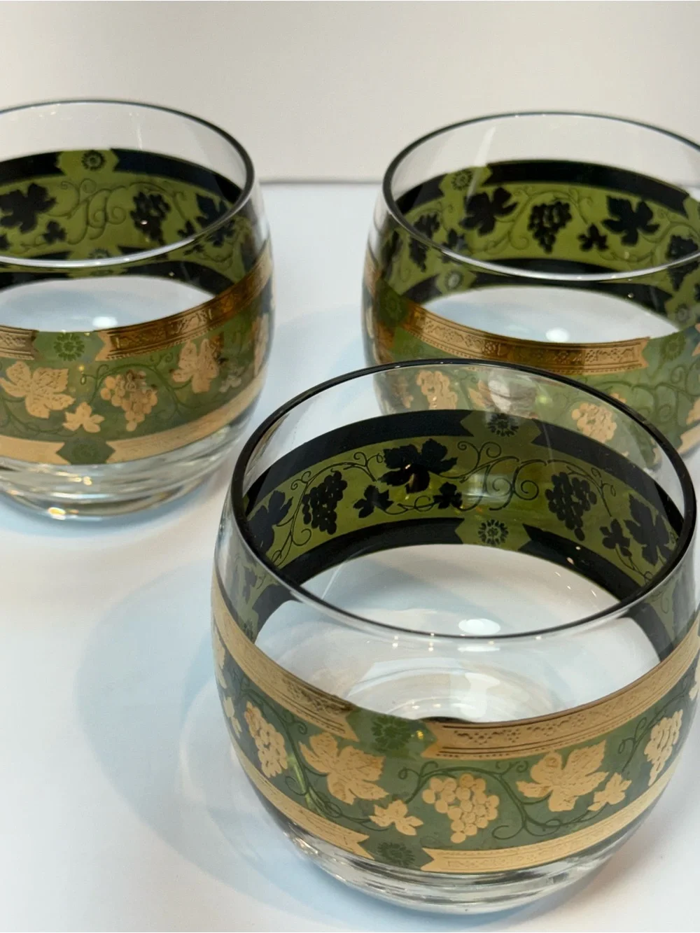 Vintage Green Cera Glass Golden Grapes  Barware Set of 5- MCM